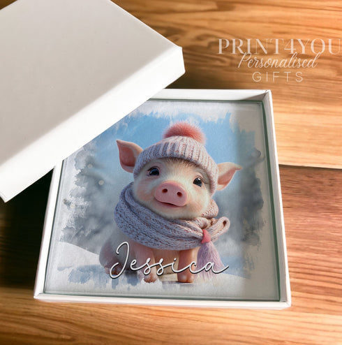 Personalised Winter Pig Glass Coaster | 10x10cm Printed Design | scratch-resistant bumpers | Optional Gift Box